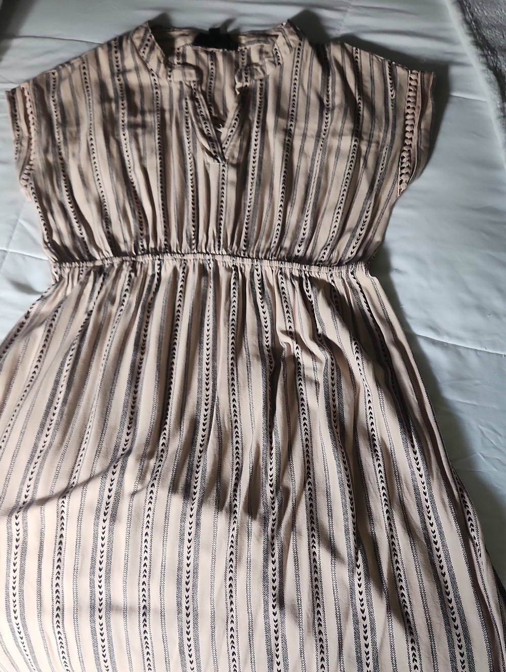 Beige Striped Elastic-Waist Women's Dress